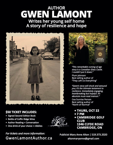 Promotional poster for author Gwen Lamont featuring a black background, white text, a vintage-style photo of a young girl, a portrait of the author, book award text, and event details for an October 2022 book tour in Cambridge, MA.