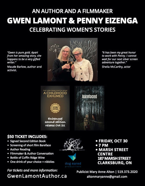 Promotional flyer for a book tour event featuring Gwen Lamont and Penny Eizenga, titled 'Celebrating Women's Stories'. The flyer includes biographical text, photos of the two authors, book covers for 'A Childhood Exhumed' and 'barfooored', pricing and ticket details, and contact information.