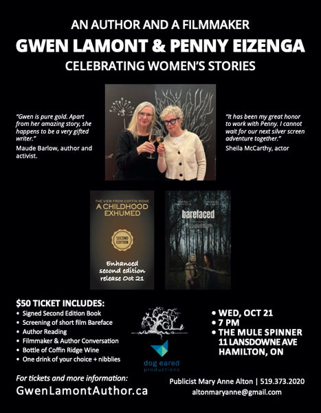 Promotional flyer for the book 'A Childhood Exhumed' by Gwen Lamont and Penny Eizenga, featuring author and filmmaker Gwen Lamont, filmmaker and actor Penny Eizenga, two book covers, pricing and ticket details, and event information on a black background.