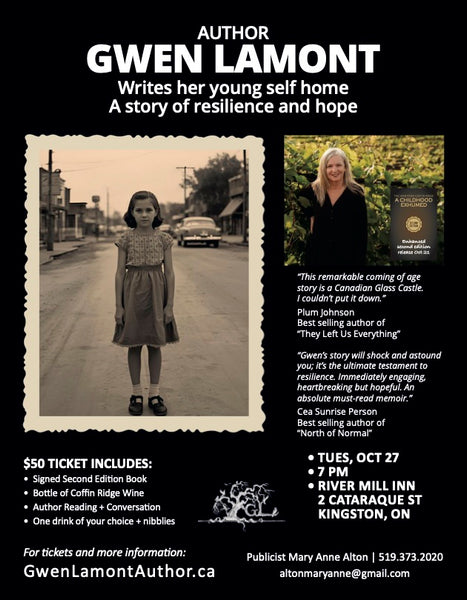 Promotional poster for author Gwen Lamont featuring a black background, white text, a vintage-style photo of a young girl in a dress, a smaller portrait of the author, book tour details, and ticket information.